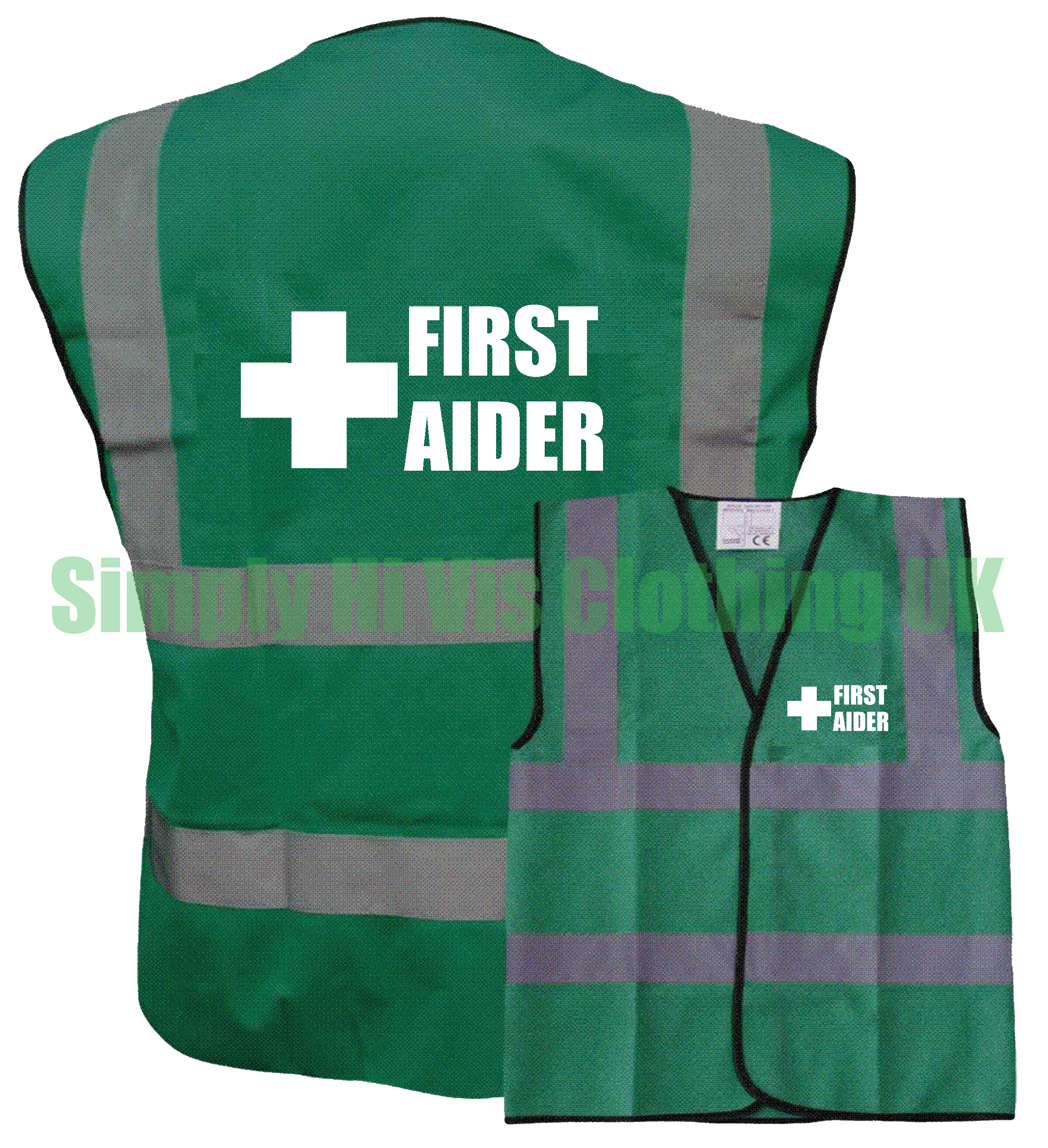 Green Hi Vis Safety Vest / Waistcoat Pre Printed First Aider & Cross ...