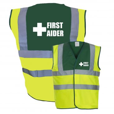 Green / Yellow Hi Vis Safety Vest / Waistcoat Pre Printed First Aider ...